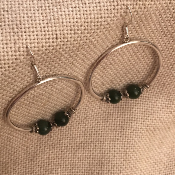 Vtg Sterling Circle Earrings Green Stone Beads - Picture 8 of 8